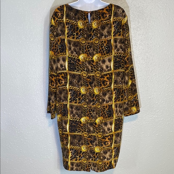 VNTG Patrick 100% Silk Animal Print Black and Gold Sheath Dress Long Sleeves - Picture 6 of 7